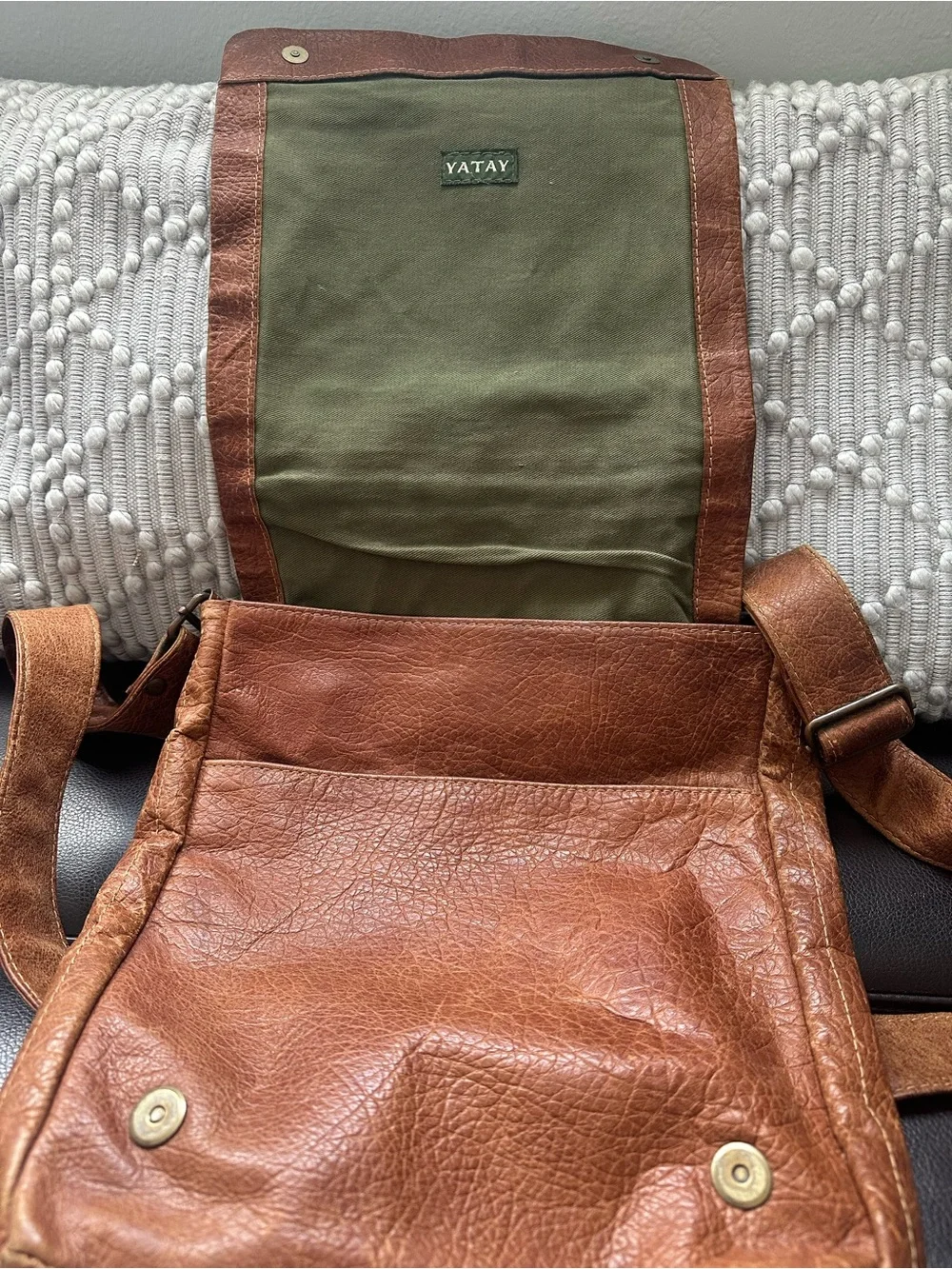 Distressed brown leather crossbody messenger bag